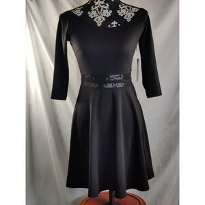 Lulus Womens Fit & Flare‎ Dress 3/4 Sleeve Sheer Waist Boat Neck Black Size M